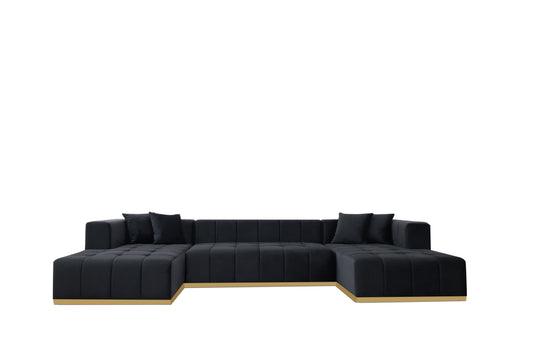 Montecito Black Velvet Double Chaise "U" Shape Sectional Sofa
