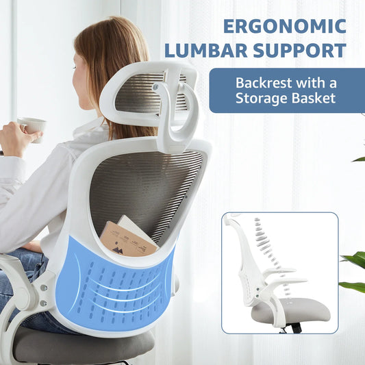 Mesh Ergonomic Office Chair Flip-Up Arms Adjustable Headrest Lumbar Support