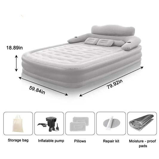 Gray 2-Person Inflatable Air Mattress 48cm High Folding Bed for Camping Home