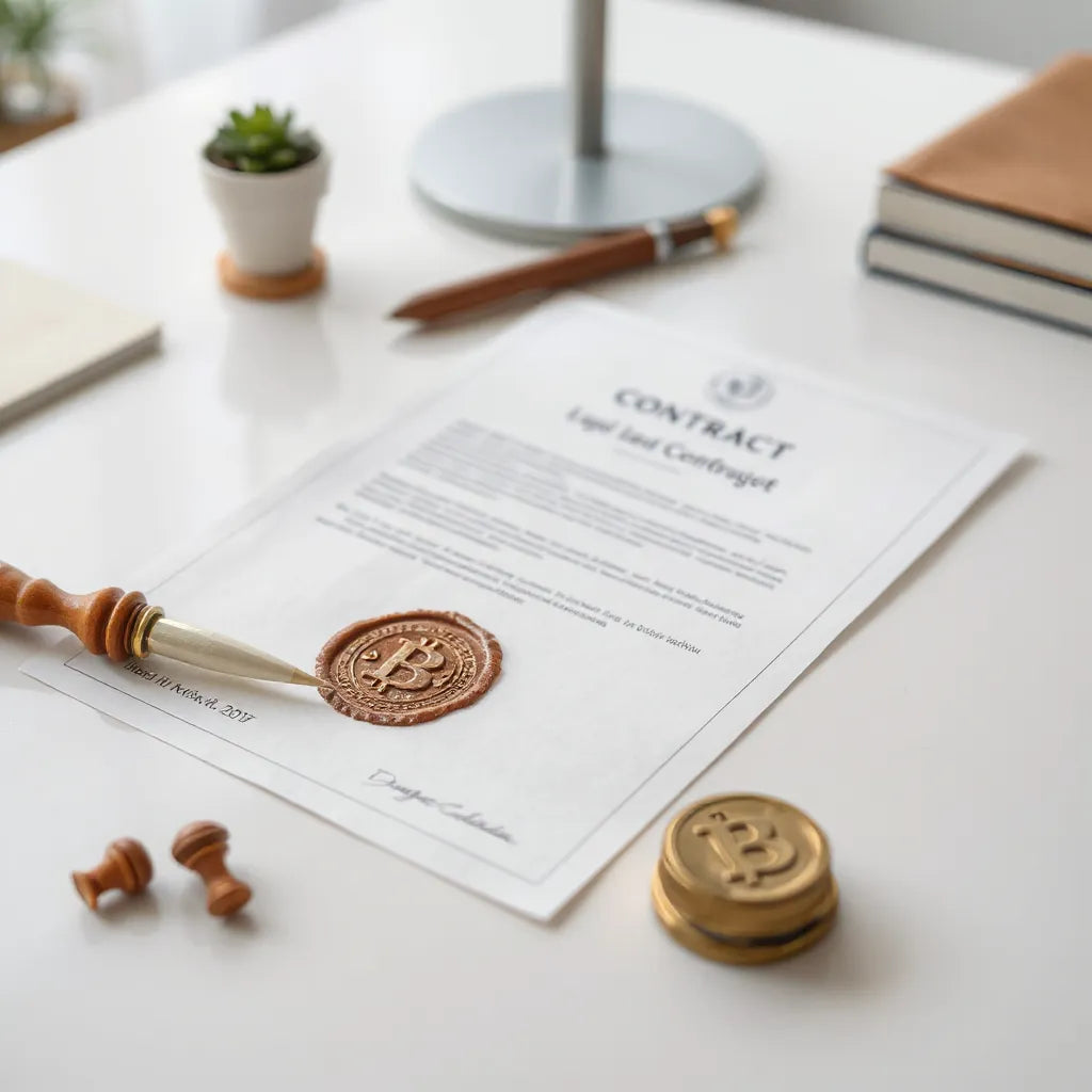 Stamped legal document and trademark symbol on a clean desk under soft lighting