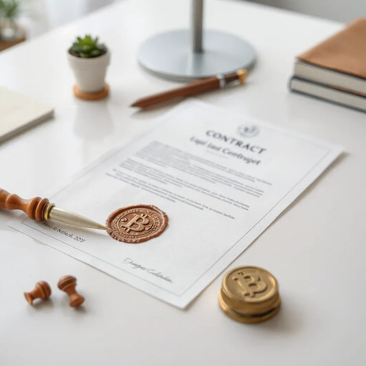 Stamped legal document and trademark symbol on a clean desk under soft lighting