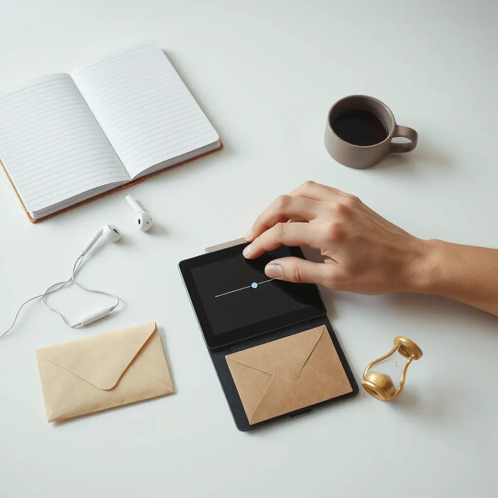 Hand paused above a tablet decision interface with an hourglass and sealed envelope on a minimal desk