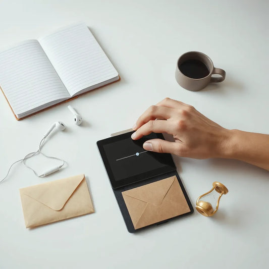 Hand paused above a tablet decision interface with an hourglass and sealed envelope on a minimal desk