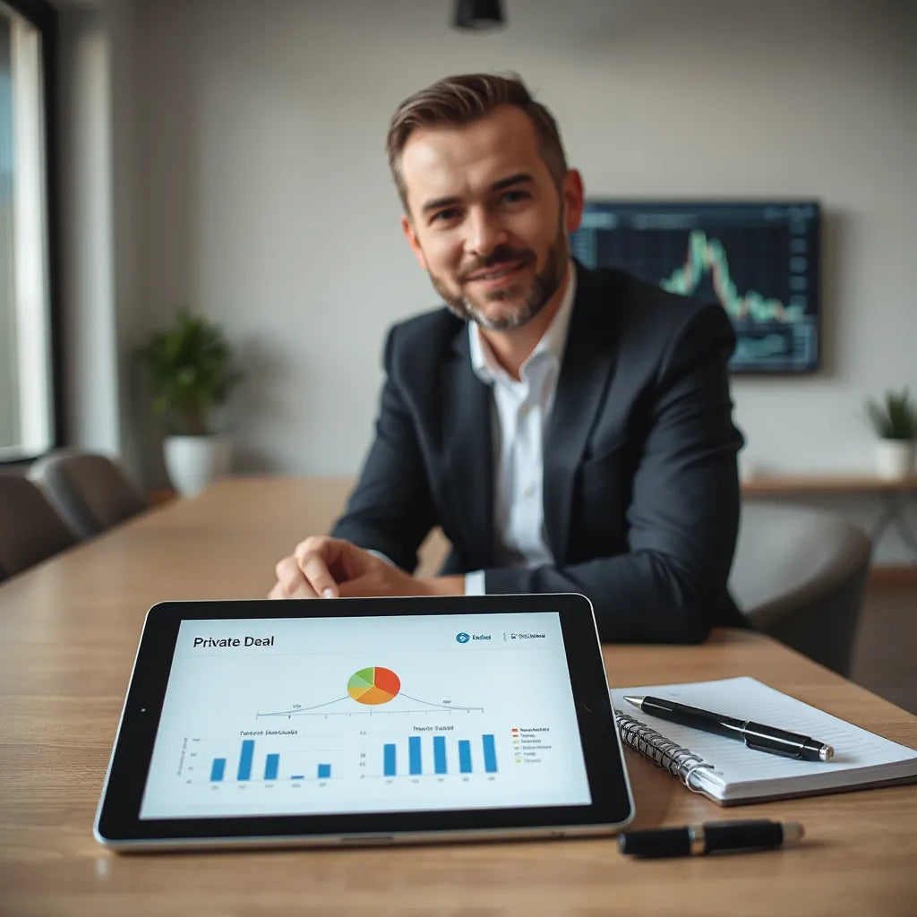 Investment advisor reviewing private deal materials with a tablet dashboard in a modern office