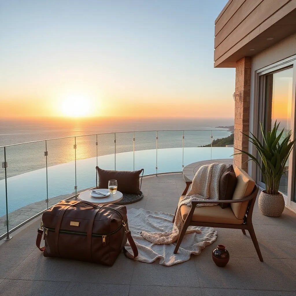 Golden-hour view from a luxury suite balcony with infinity pool, ocean horizon, and elegant outdoor seating