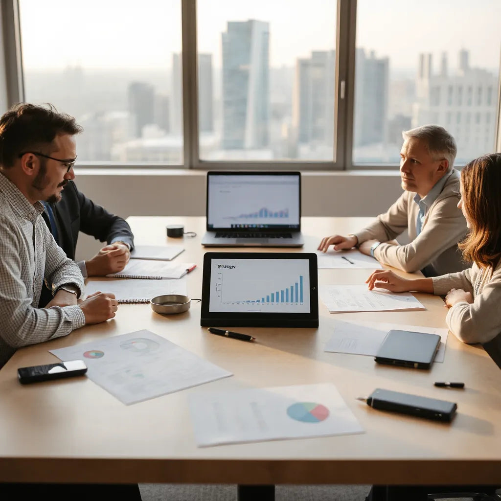 Consultants reviewing strategy charts and diagrams on a table in a modern office setting.