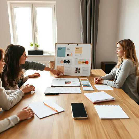 Team reviewing a brand strategy board and color swatches around a wooden table in a bright office