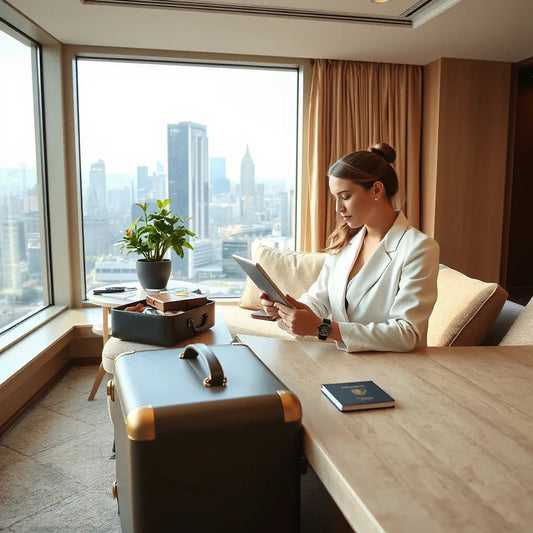 Travel advisor reviewing a curated itinerary with a luxury suitcase and passport on a desk