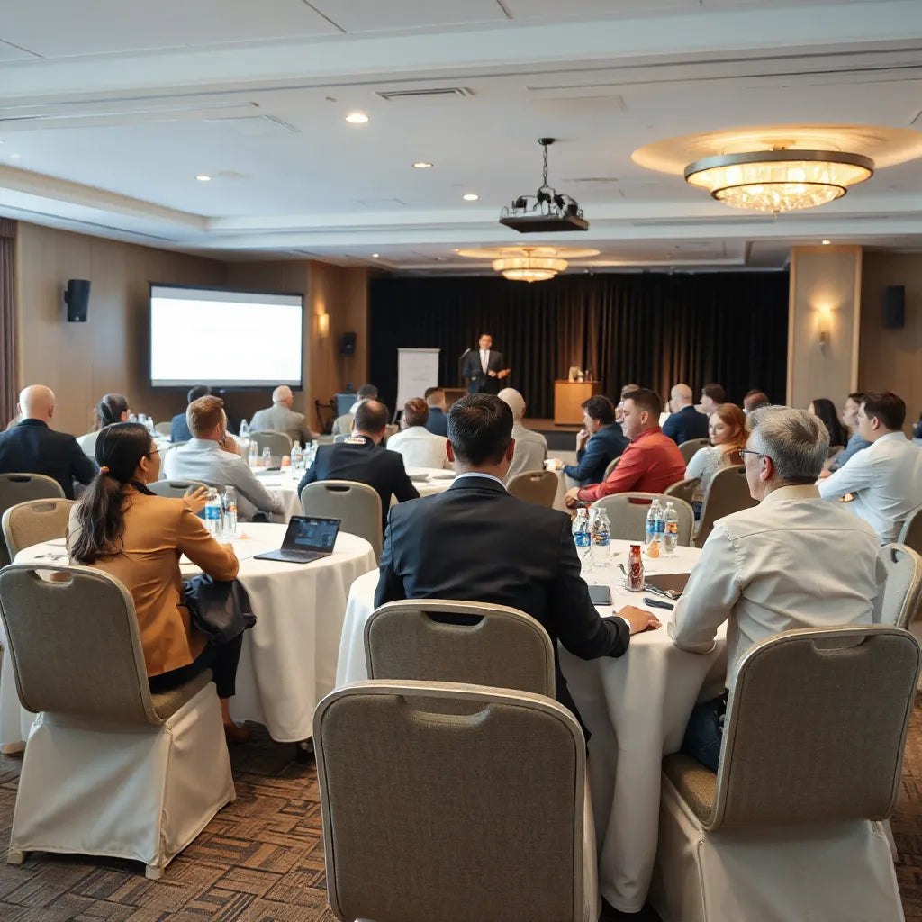Team attending a corporate event presentation in a modern conference venue with stage lighting