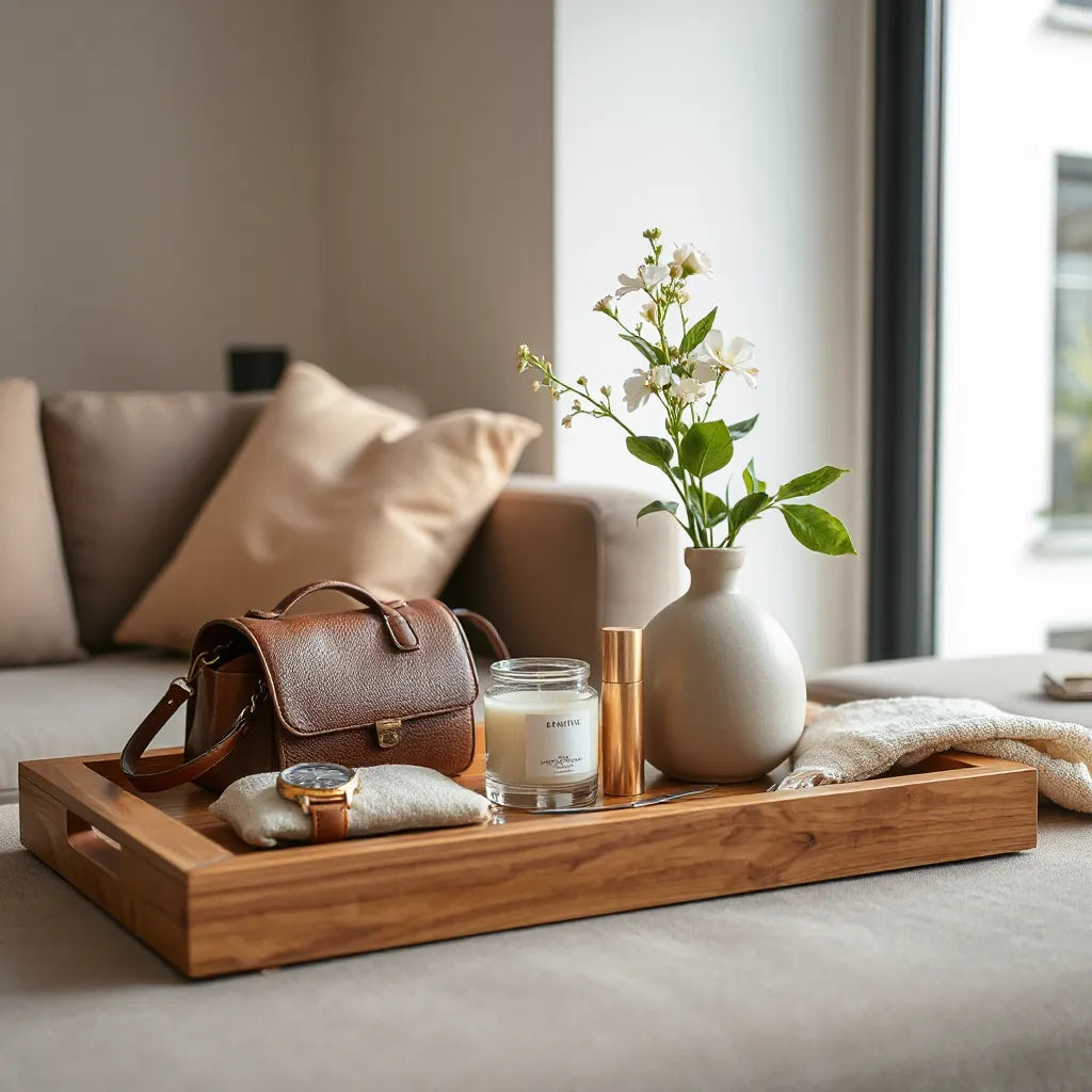 Curated luxury accessories and home items on a minimalist tray in a modern living room