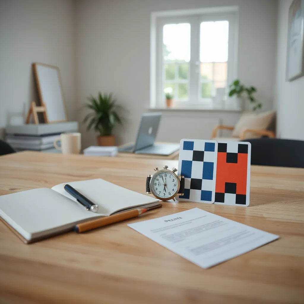 Calm desk setup with notes, pencil, and a timing device suggesting cautious, reversible decisions