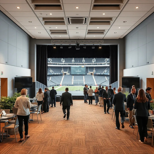Attendees mingle between a corporate reception setup and a sports stadium walkway with event staff