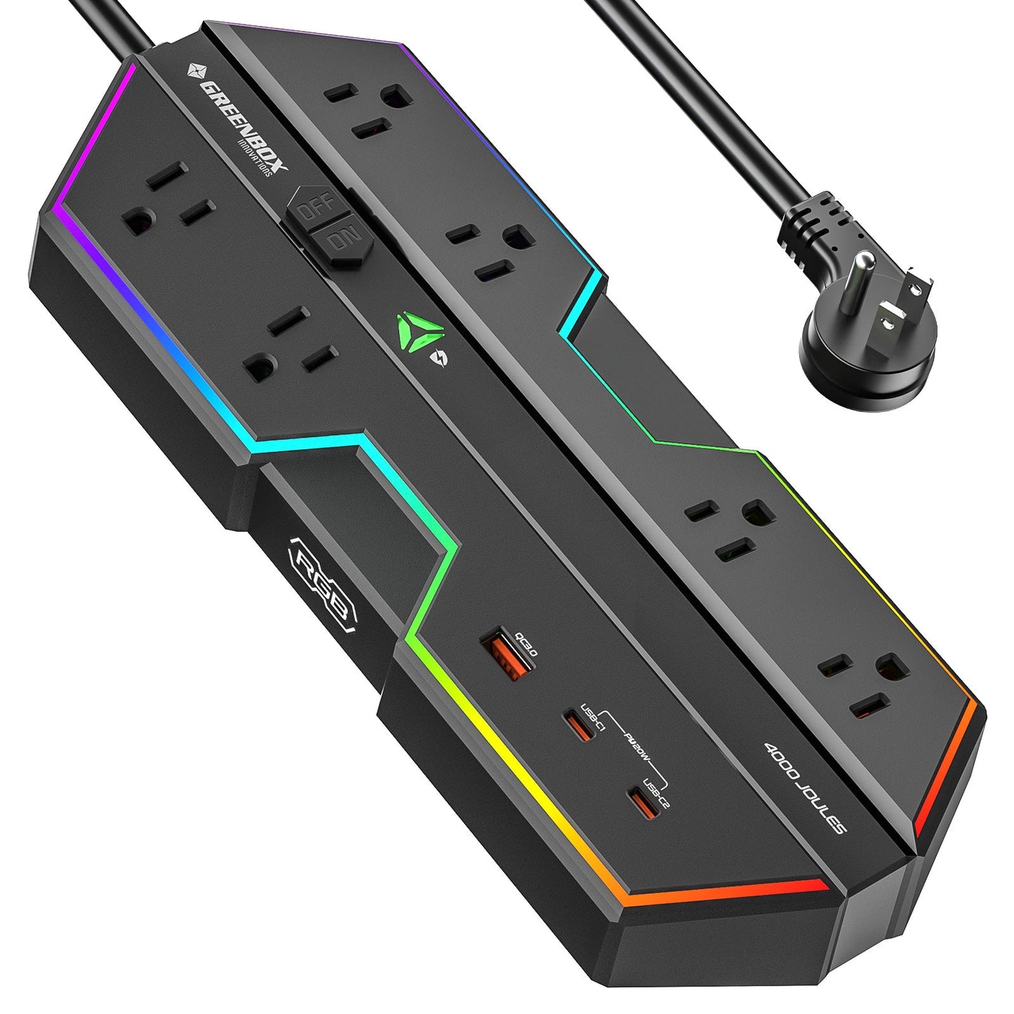 Multiprise Parafoudre Gaming 4000J - Charge rapide USB-C PD 20W, 6 prises espacées, Éclairage RVB, Cordon 1,80 m