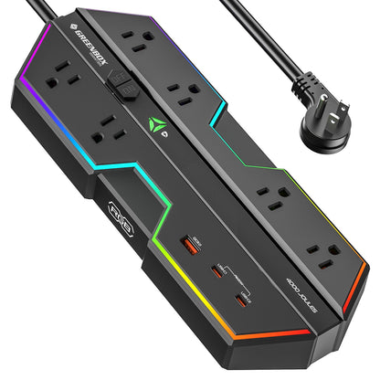 Multiprise Parafoudre Gaming 4000J - Charge rapide USB-C PD 20W, 6 prises espacées, Éclairage RVB, Cordon 1,80 m