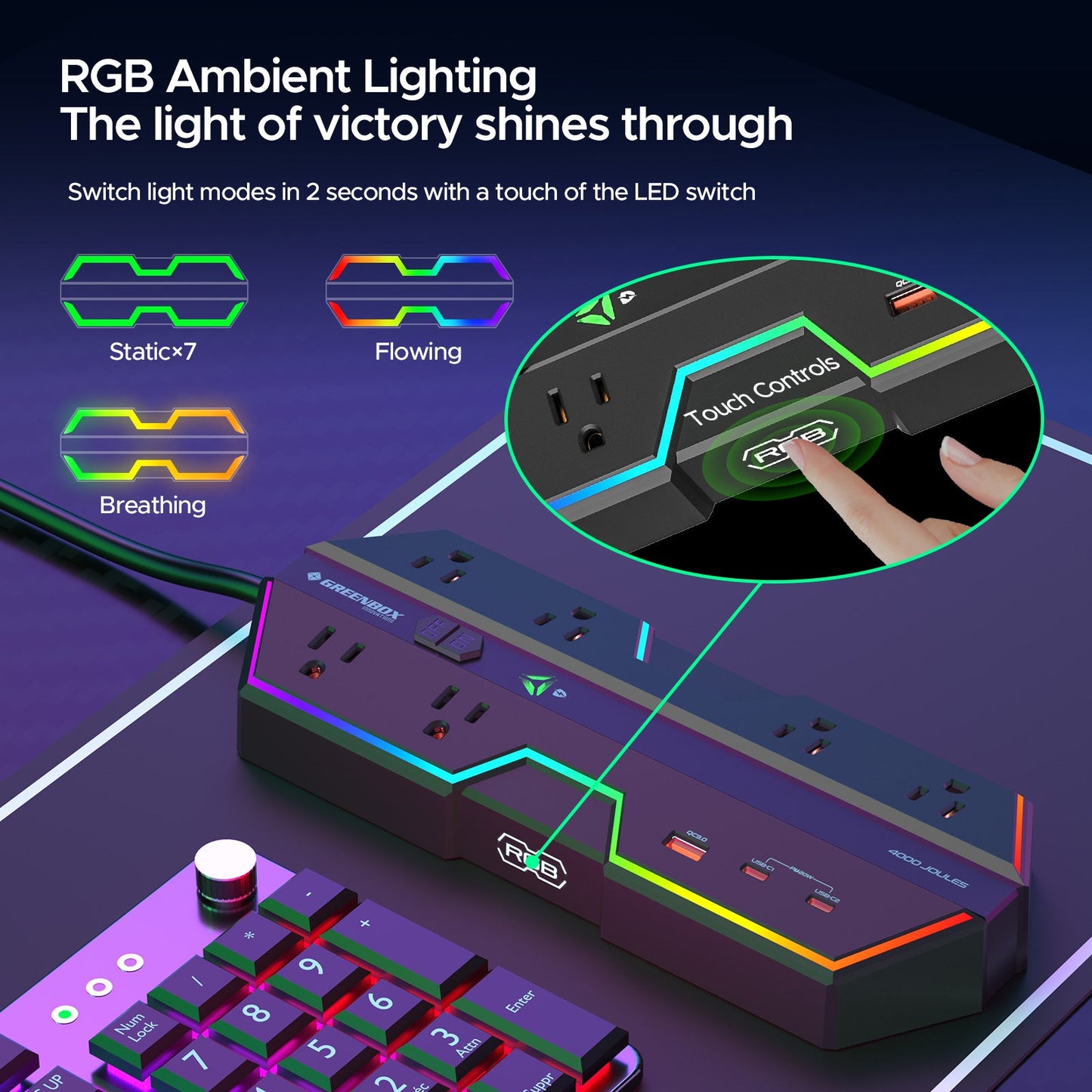 Multiprise Parafoudre Gaming 4000J - Charge rapide USB-C PD 20W, 6 prises espacées, Éclairage RVB, Cordon 1,80 m