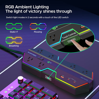 Multiprise Parafoudre Gaming 4000J - Charge rapide USB-C PD 20W, 6 prises espacées, Éclairage RVB, Cordon 1,80 m