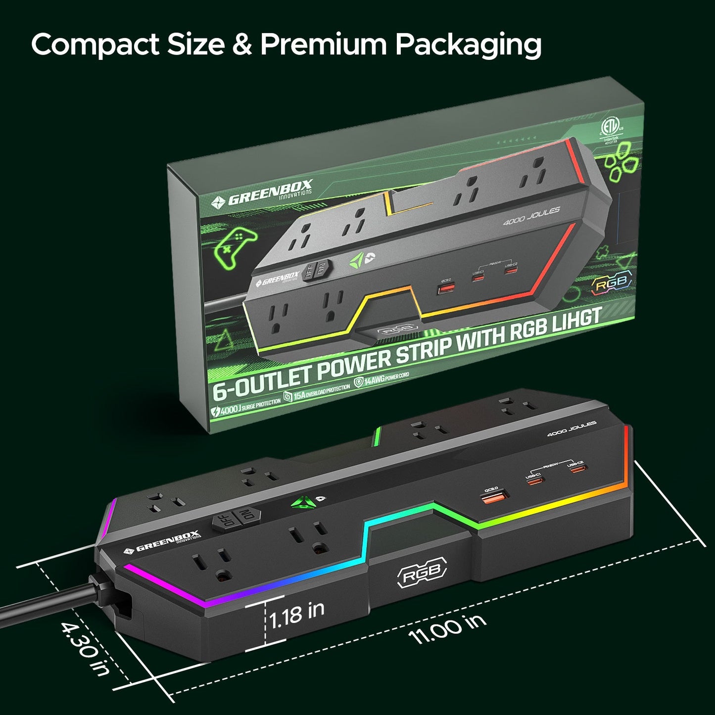 Multiprise Parafoudre Gaming 4000J - Charge rapide USB-C PD 20W, 6 prises espacées, Éclairage RVB, Cordon 1,80 m