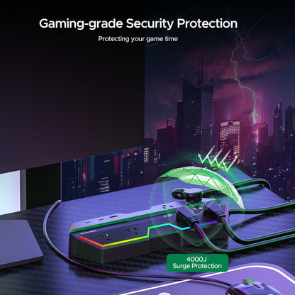 Multiprise Parafoudre Gaming 4000J - Charge rapide USB-C PD 20W, 6 prises espacées, Éclairage RVB, Cordon 1,80 m