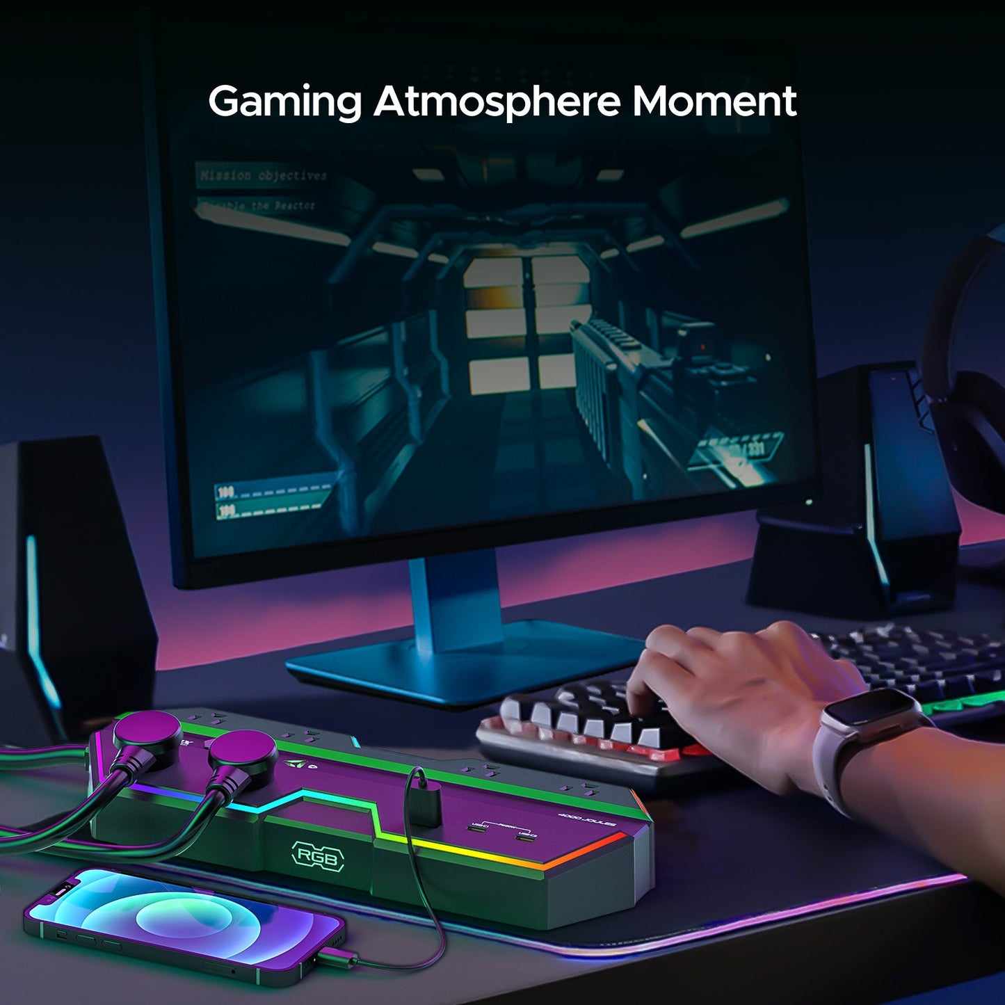 Multiprise Parafoudre Gaming 4000J - Charge rapide USB-C PD 20W, 6 prises espacées, Éclairage RVB, Cordon 1,80 m