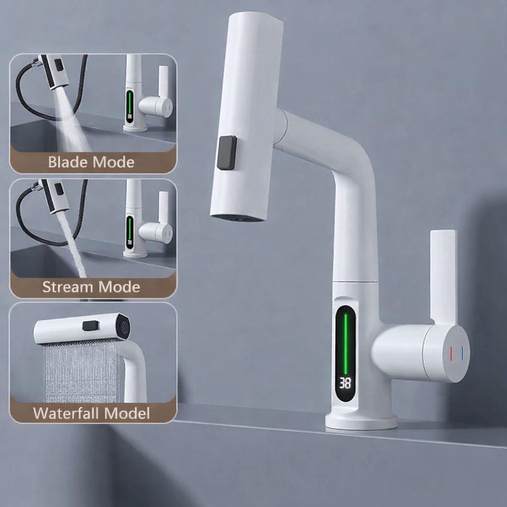 Pull Out Waterfall Kitchen Faucet Digital Display Hot Cold Mixer Sink Tap