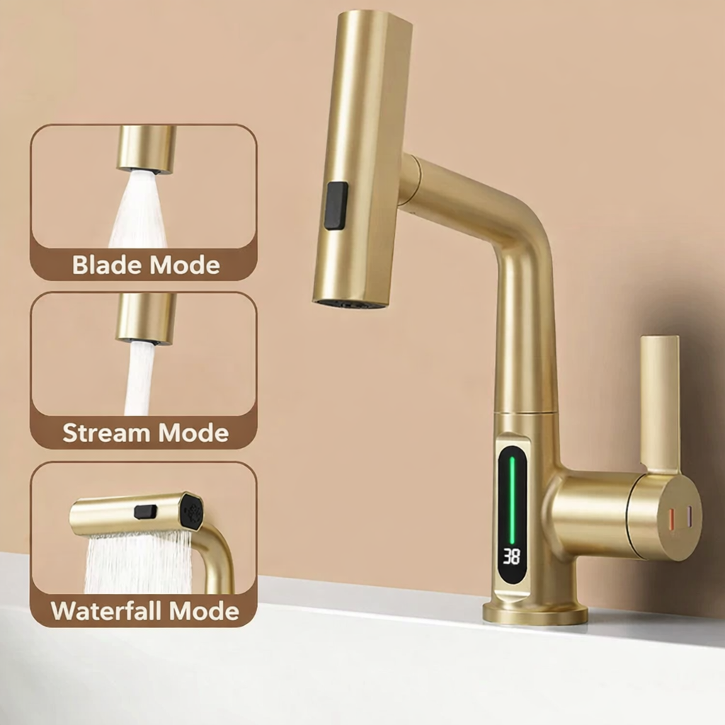 Pull Out Waterfall Kitchen Faucet Digital Display Hot Cold Mixer Sink Tap