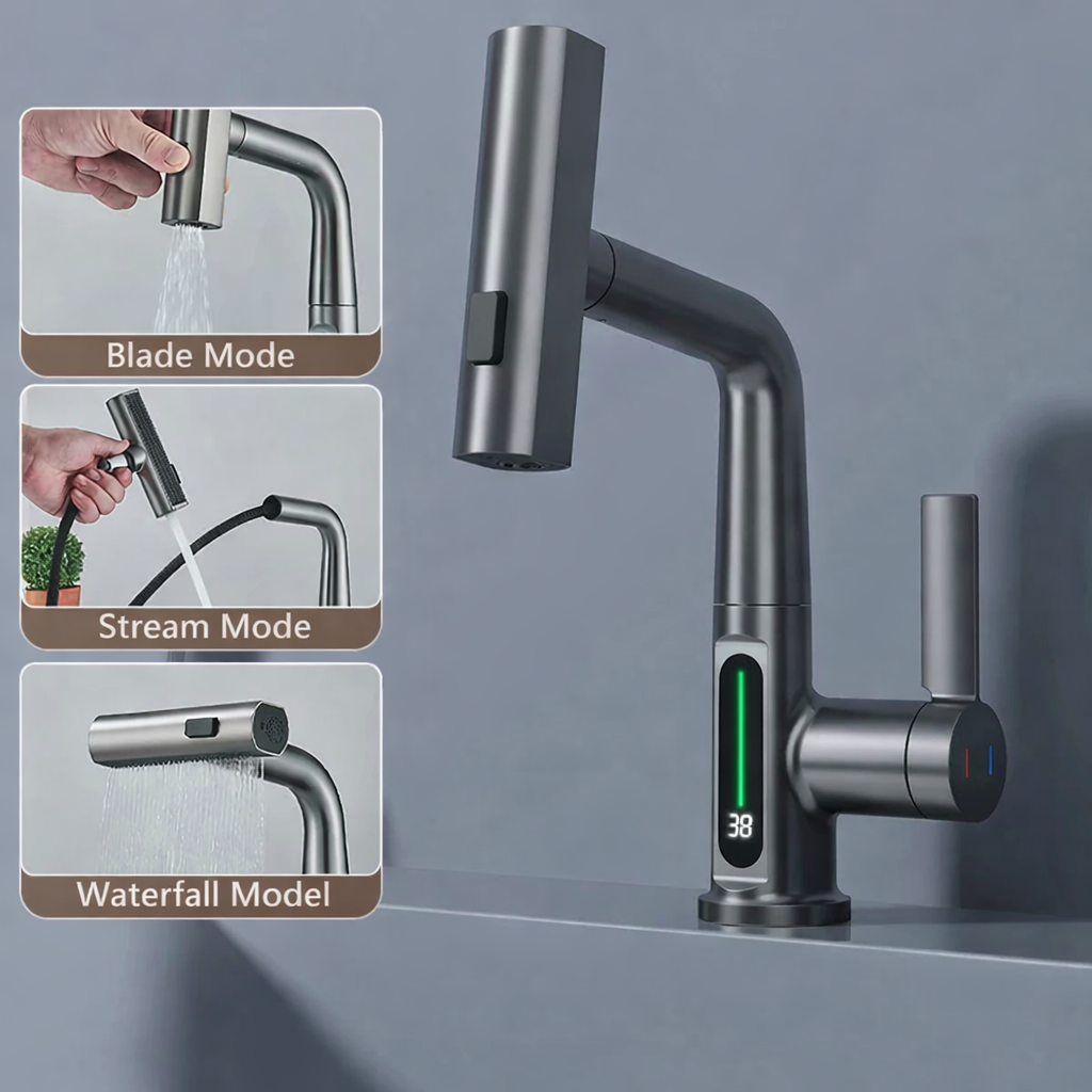 Pull Out Waterfall Kitchen Faucet Digital Display Hot Cold Mixer Sink Tap