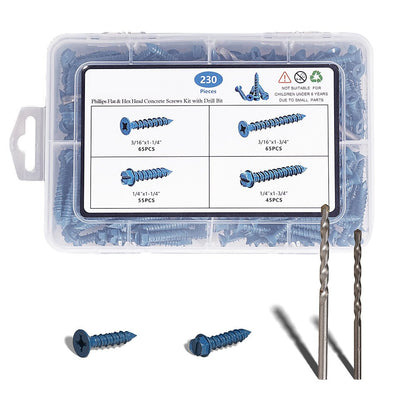 230x Phillips Flat & Slotted Hex Washer Head Concrete Screws 1/4″ and 3/16″ Blue