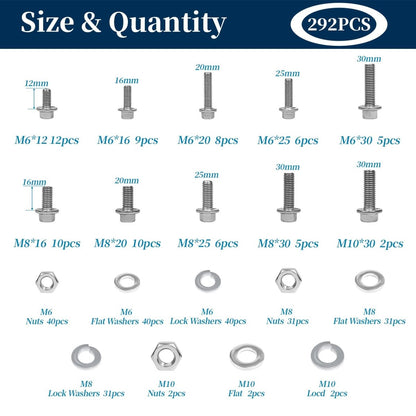 M6/M8/M10 Flange Bolt Kit (549PCS) | 8.8 Alloy Steel | Hex Bolts, Nuts & Washers