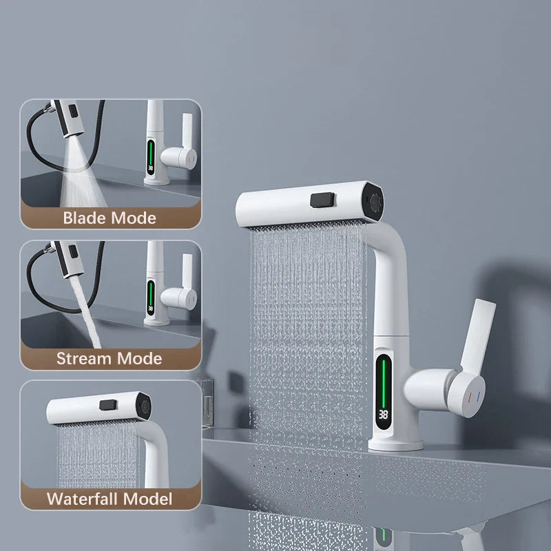 Pull Out Waterfall Kitchen Faucet Digital Display Hot Cold Mixer Sink Tap