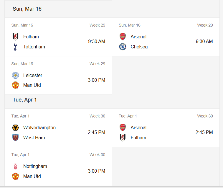 Premier League Next Fixtures [First Class Booking]