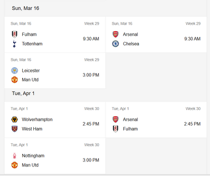 Premier League Next Fixtures [First Class Booking]