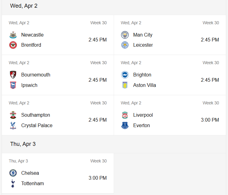 Premier League Next Fixtures [First Class Booking]