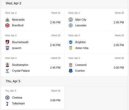 Premier League Next Fixtures [First Class Booking]