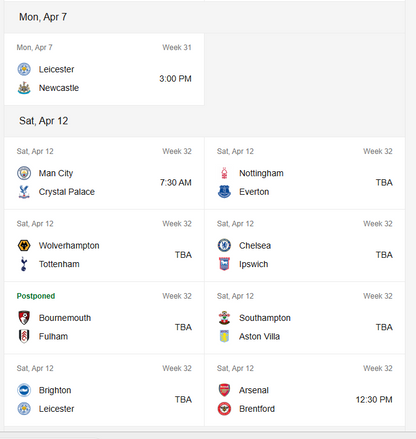 Premier League Next Fixtures [First Class Booking]