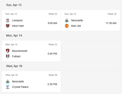 Premier League Next Fixtures [First Class Booking]