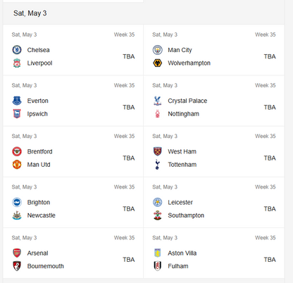 Premier League Next Fixtures [First Class Booking]