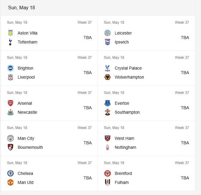 Premier League Next Fixtures [First Class Booking]