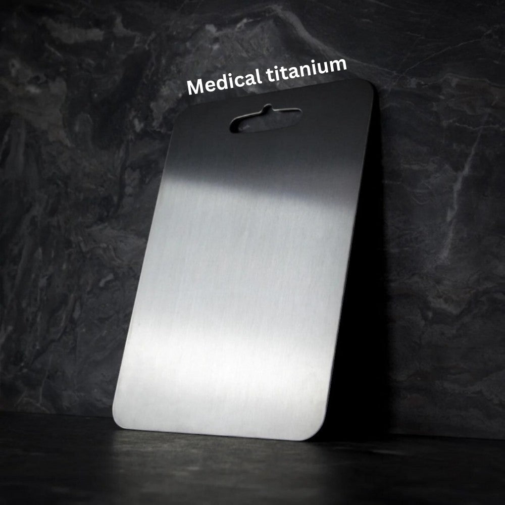 Knightsax Privateer 

® Titanium cutting board, medical grade metal, silver, with hanging hole. Antibacterial and knife-friendly.