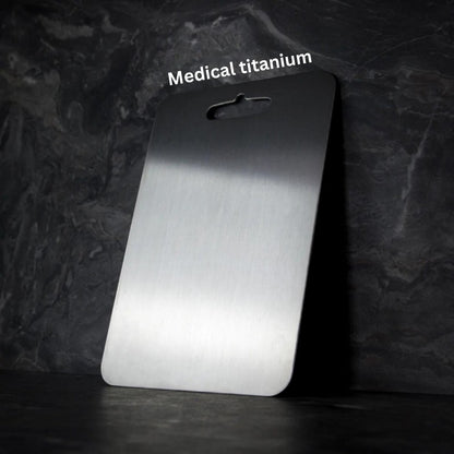 Knightsax Privateer 

® Titanium cutting board, medical grade metal, silver, with hanging hole. Antibacterial and knife-friendly.