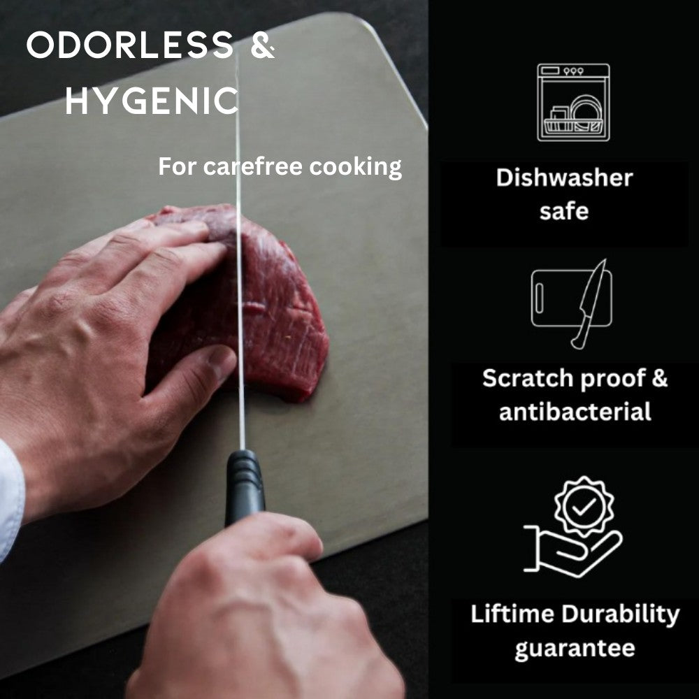 Knightsax Privateer 
® Titanium cutting board, silver, medical-grade metal, antibacterial, scratch-proof, dishwasher safe.