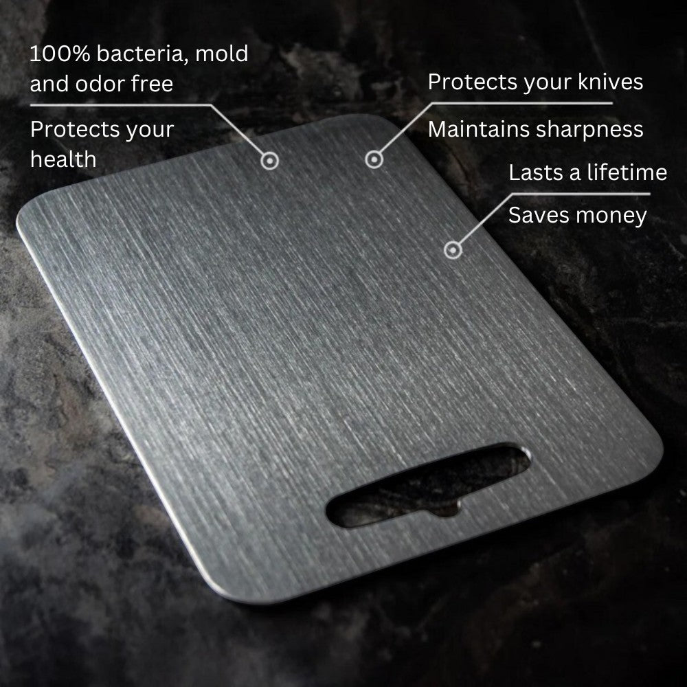 Knightsax Privateer 

®

 titanium cutting board, silver, medical grade metal, antibacterial, odor-free, knife-friendly, dishwasher safe.