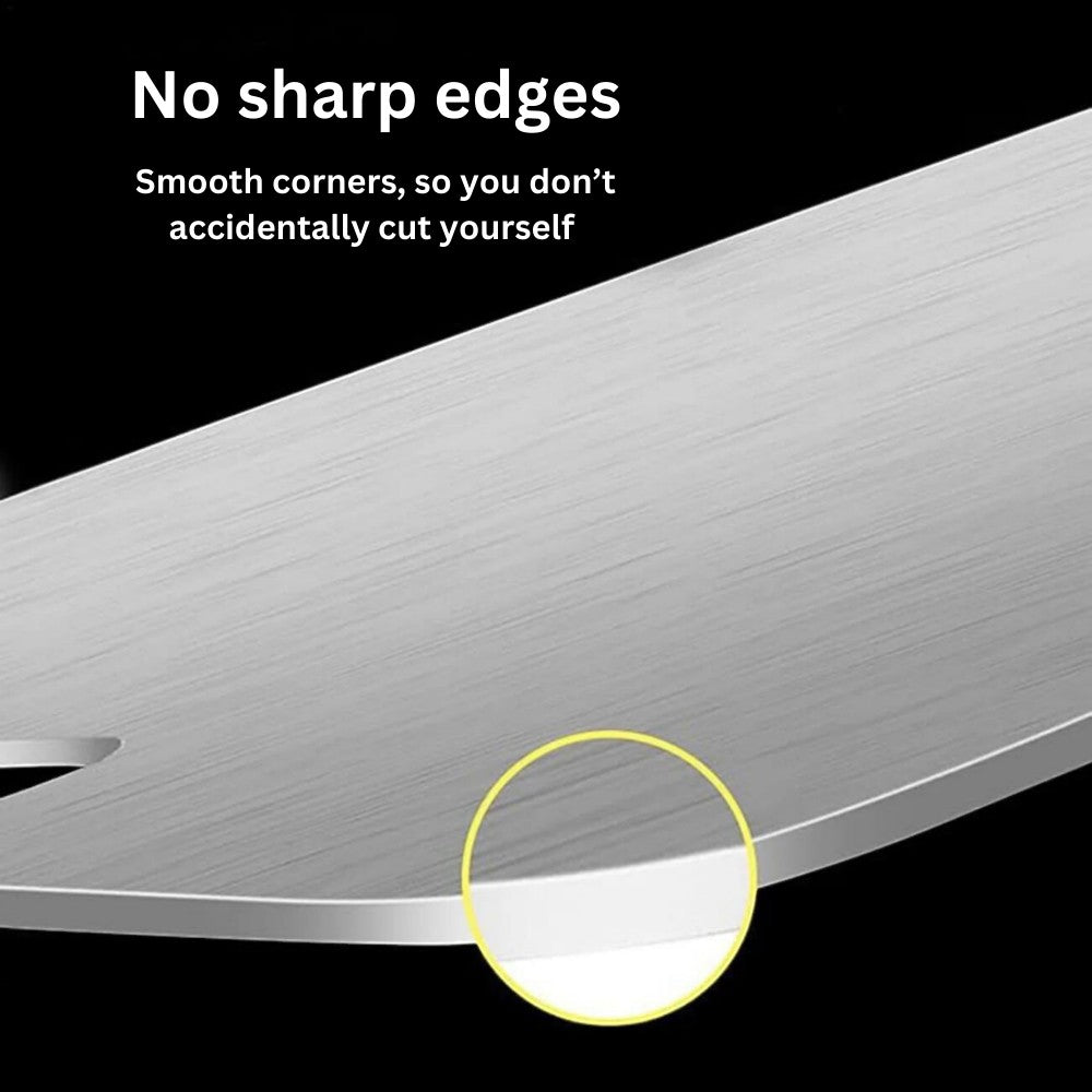 Knightsax Privateer 
®
 Titanium cutting board with rounded edges, silver metal, medical grade.